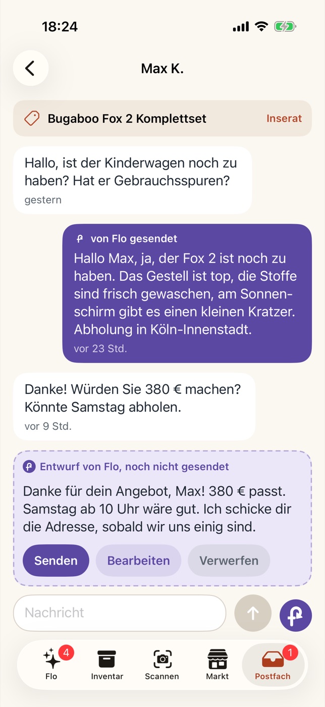 Gespräch mit einem Käufer in flipplo: Flo hat die Frage beantwortet, der Käufer bietet 380 Euro, Flo hat die Antwort vorbereitet, du musst nur noch auf Senden tippen.