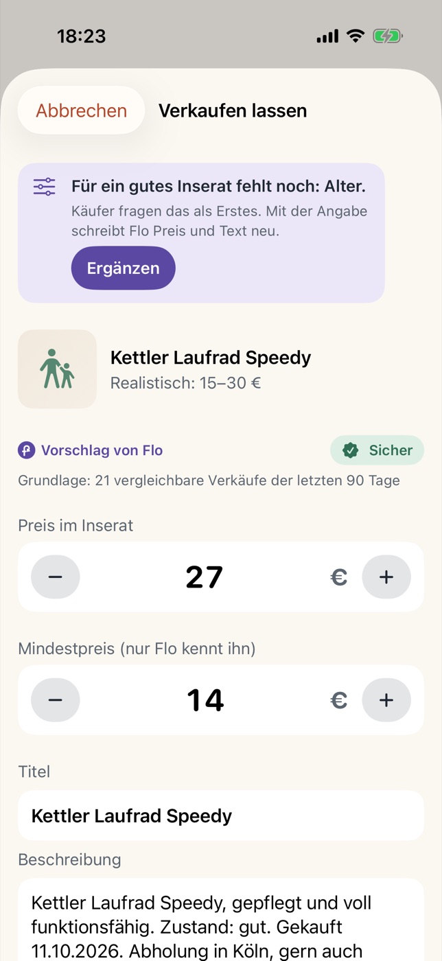Verkaufen lassen in flipplo: Flo schlägt Preis und Text vor, der Mindestpreis bleibt geheim